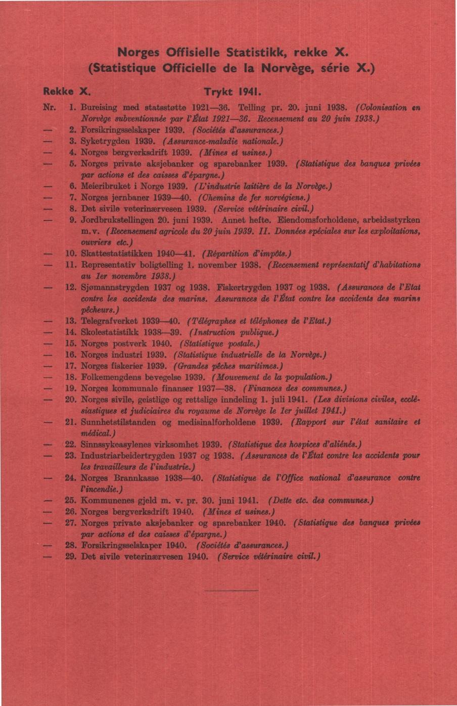 Nores Offisielle Statistikk, rekke X. (Statistique Officielle de la Norvèe, série X.) Rekke X. Trykt 94. Nr.. Bureisin med statsstøtte 9-6. Tellin pr.. juni 98.