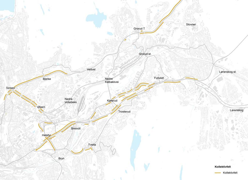 2.2 KOLLEKTIVPRIORITERING Det er i dag kollektivfelt på deler av rv. 4 Trondheims-veien og E6, men kollektivfeltene er ikke gjennomgående.