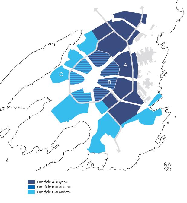 Område A «Byen»: Områdene langs Fornebubanen, Widerøeveien og Snarøyveien med 3 sentrumsområder, bolig og næringsområder.