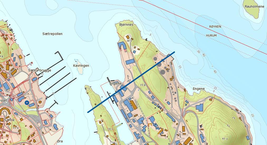 Figur 2.3 - Høydeprofil for anlegget og omgivelsene Figur 2.4 - Den blå linjen indikerer hvor høydeprofilet i Figur 2.3 er gitt 2.