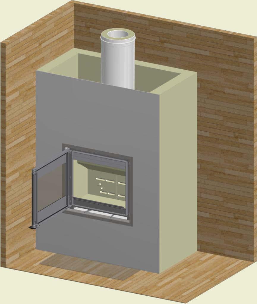 700 400 25 mm INNBYGGING I BRENNBART MATERIALE MED BRANNMUR Oppstilling med isolert loddrett røykrør - åpen konstruksjon/omramning Tak Ved innmuring/montering i en konstruksjon/ omramming som er åpen