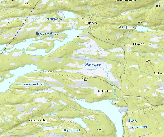 8 Foss 2) 1) Figur 2 Oversiktskart over søkeområder (rød ellipse) og søkestasjoner (røde ringer), samt antatt utbredelsesområde for elvemusling i Tylda nedstrøms og oppstrøms Tyldvatnet i.