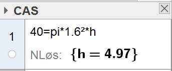 Radius til beholderen er 160 mm 1,6 dm. Volumet, V, av beholderen er gitt ved V r h 1,6 5,35 43,03. Volumet av beholderen er 43 3 dm 43 L Tenk deg at du fyller 40 L vann i denne beholderen.