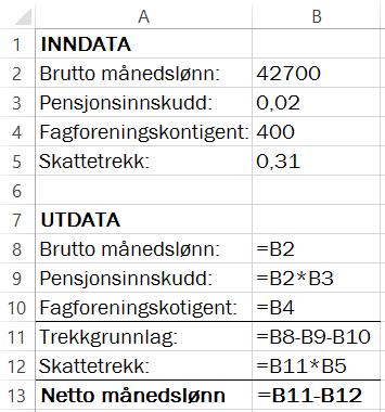 Lag et regneark der du legger inn opplysningene ovenfor på en oversiktlig måte. Bruk regnearket til å bestemme Martes netto månedslønn.