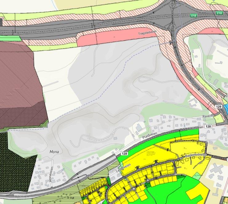 Figur 6 Utsnitt av gjeldende reguleringsplaner i området. Reguleringsplan for E18 Melleby- Askim ligger innenfor planområdet. Utsnitt er hentet i Kartportalen for Indre Østfold-samarbeidet 2.