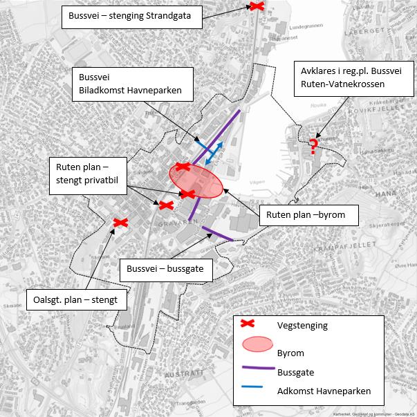 6. SAMLET KONSEKVENSER FOR SANDNES SENTRUM Figur 6-1 viser de fysiske konsekvensene for gatenettet i Sandnes sentrum som følger av de overnevnte planprosessene.