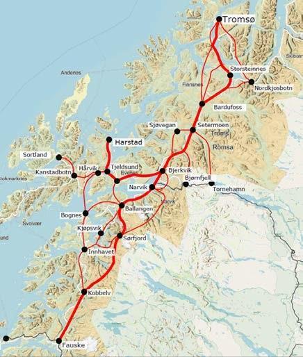 Trasé basert på tidligere utredninger Utredningsarbeidet vil basere seg på tidligere utredede traséer for Nord-Norgebanen. Kartet nedenfor viser traséene som ble utredet i perioden 1991-1993.