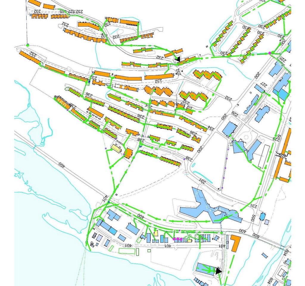 Prøvetaking Forskningsparken Figur 1. Kart som viser hvor prøver fra avløpsrøret fra Longyearbyen ble tatt. Grønne linjer viser avløpsnettet.