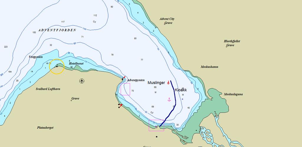 Figur 2. Kart som viser avløpsrøret fra Longyearbyen i sjøen og hvor blåskjellene ble satt ut.