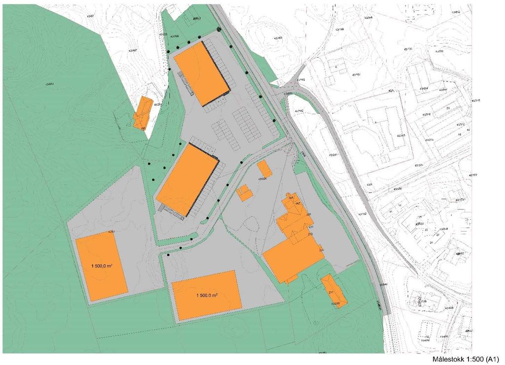 c) Planlagde bygningar, anlegg og andre tiltak Planen vil legge til rette for oppføring av nytt bygg for forretning og nye bygg for næringsaktivitet.