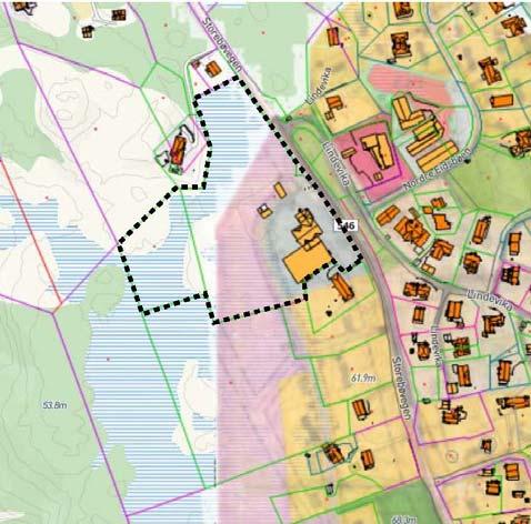 Areal som inngår i reguleringsplanen har formål forretning/kontor, område for erverv og område for køyretrafikk. Figur 4. Utsnitt av kommuneplanens arealdel t.v. og vedtatt reguleringsplan t.h. Forslag til plangrense er vist med svart stipla line.