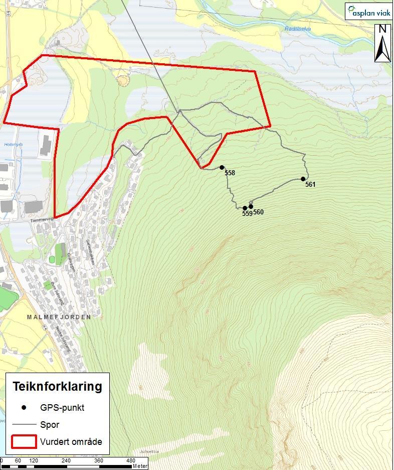 3 OMRÅDEBESKRIVELSE Det vurderte området ligg innerst i Malmefjorden, nord og aust for eit eksisterande bustadfelt og under ein fjellrygg, Galten, som har fallretning mot nordvest (Figur 2).