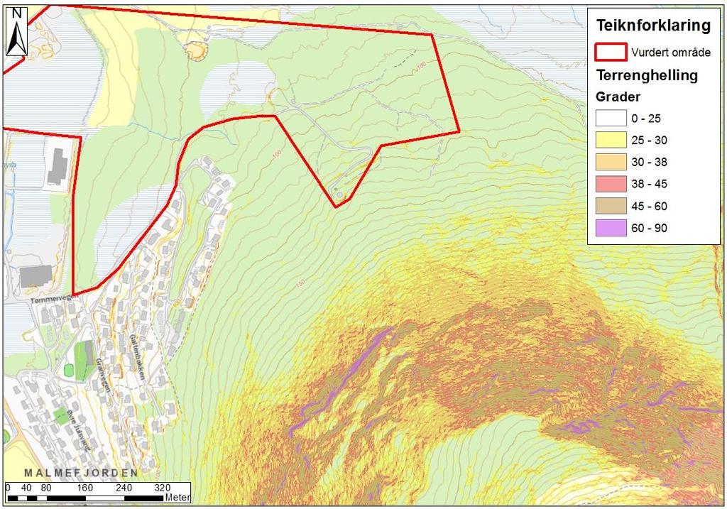 3.1 Topografi, vegetasjon og geologi Det vurderte området ligg mellom ca. 70 og 130 moh. innerst i Malmefjorden.