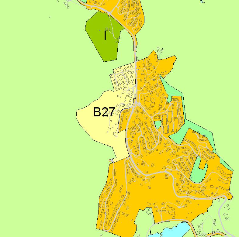 B27 Valla Fana 1:8000 Planforslag KPA2016 Kort beskrivelse Område B27 er på 137 daa og inneholder 48 eneboliger og ett rekkehus. Boligområde B27 er ikke i tråd med kommunens fortettingsstrategi.
