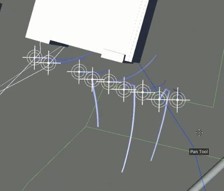 Figur 2 Eksempel på boreavvik for en energibrønnpark i Oslo. Plansnitt fra 3D-modell. Beliggenhet i terreng er vist med hvit sirkel med trådkryss. Horisontalt boreavvik er vist med blå linjer.