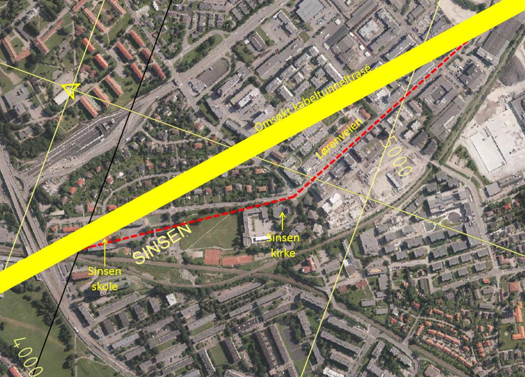 Figur 5 Alternativ tunneltrasé, vist med rød stiplet linje. Alternativ tunneltrasé unngår konflikt med eksisterende energibrønner på den omlagte strekningen.