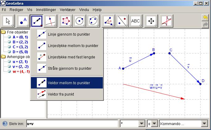 1.1.6 Tegn to vektorer i GeoGebra. Summer vektorene. Skjermbildet viser et eksempel på hvordan du kan gå frem.