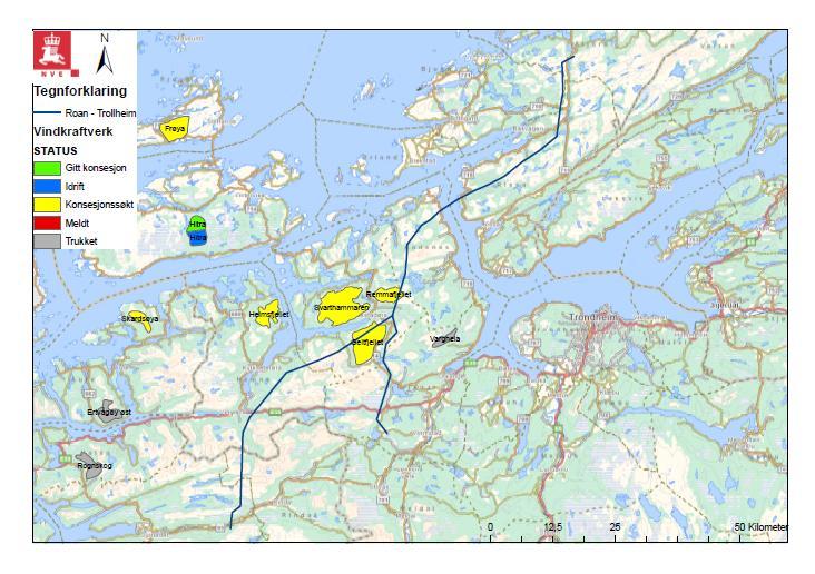 Side 33 Figur 6: Kart over regionen med prosjekter til behandling I dette kapitelet vil NVE vurdere de samlede virkningene av Geitfjellet, Remmafjellet, Svarthammaren/Pållifjellet/Engvikfjellet,