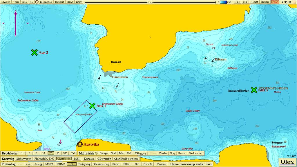 Figur 2.1: Oversiktskart over deler av trøndelagskysten, med undersøkelsesområdet i Austvika innrammet. Lenger nord ses Namsenfjorden. Kartkilde: Olex. Figur 2.