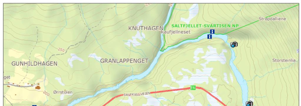 Vannføringsstasjon Mai 2012 ble det satt opp en vannstandsmåler og temperaturloggere i Ranaeelva som vist i Figur 1. Vannstandloggeren ligger ca.