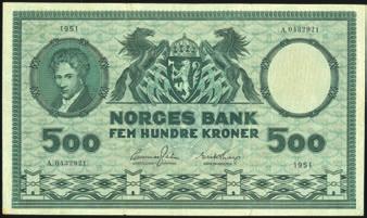 1328 500 kroner 1951, serie A.0432921.