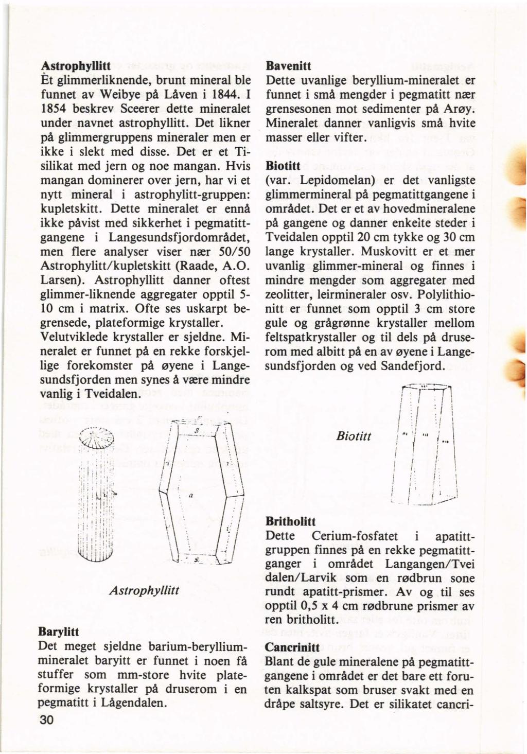 Astrophyllitt Et glimmerliknende, brunt mineral ble funnet av Weibye pa Laven i 1844. I 1854 beskrev Seeerer dette mineralet under navnet astrophyllitt.