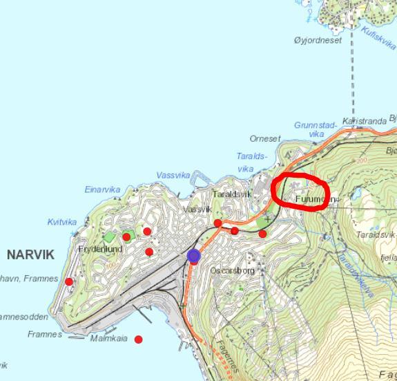 UNN HF DRIFTS OG EIENDOMSSENTERET Side 4 av 8 Figur 1: Område for ny vei og tunnel til Furumoen i Narvik. Tunnel markert med rødt i flybilde til høyre. 3. MILJØPÅVIRKNING 3.
