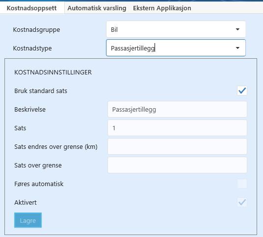 8. INNSTILLINGER Her får man følgende fire valg: 8.1.KOSTNADSOPPSETT (PRIVAT BIL I NÆRING) Flere detaljer og informasjon i avsnitt 14.