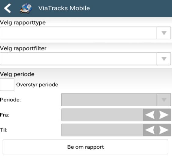 Visning når kjøretøyet er registert som yrkesbil: 15.5. RAPPORTER FRA VIATRACKS MOBILE Illustrasjonene nedenfor viser hvordan man kan velge rapporter, og som kan styres fra ViaTracks Mobile.