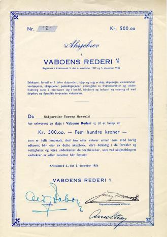 10000 Blå,Rød Flagg 10 aksjer Vaboens Rederi A/S Kristiansand S 6 nov 1947 5 des 1956
