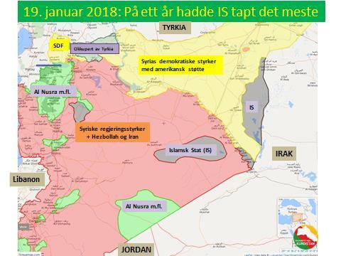 Bilde 25. 19. januar 2018: På ett år hadde IS tapt det meste, og hadde bare tre små områder nær grensa mot Irak.