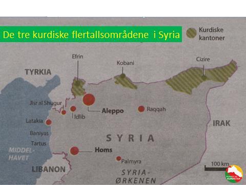 Bilde 5. Det kurdiske flertallsområdet er i dag delt i tre. Afrin lengst vest, Kobanê i midten og Jezire lengst øst ved grensa mot Irak. Etter revolusjonen i 2012 kalles de kantoner.