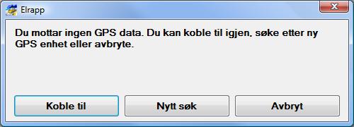 Håndbok i ELRAPP 50 7.2 Oppstart Ved oppstart av ELRAPP kontroll søker systemet etter den siste GPS enheten som var tilkoplet systemet.