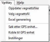 Håndbok i ELRAPP 62 7.8.7 Avslutt Dette menyvalget avslutter ELRAPP kontroll på en kontrollert måte. 7.9 Verktøymenyen Verktøymenyen har følgende innhold: 7.9.1 Oppdater vegnettsfiler ELRAPP Kontroll henter vegnettet fra NVDB.