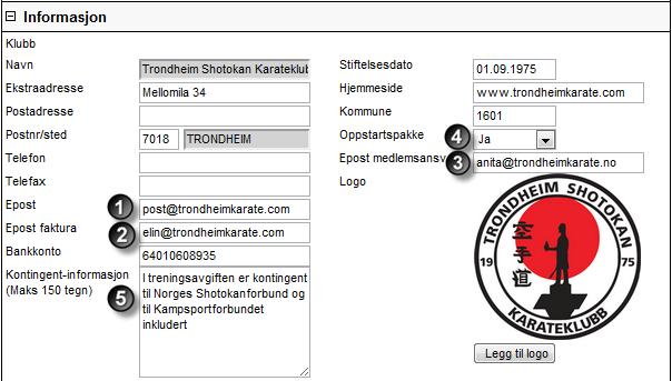 3 Aktivering av oppstartspakke/ E-postadressser og avtalegiro. Hvis klubben ønsker å benytte funksjonaliteten rundt oppstartspakke, aktiveres denne ved å velge Ja under klubbinformasjonssiden.