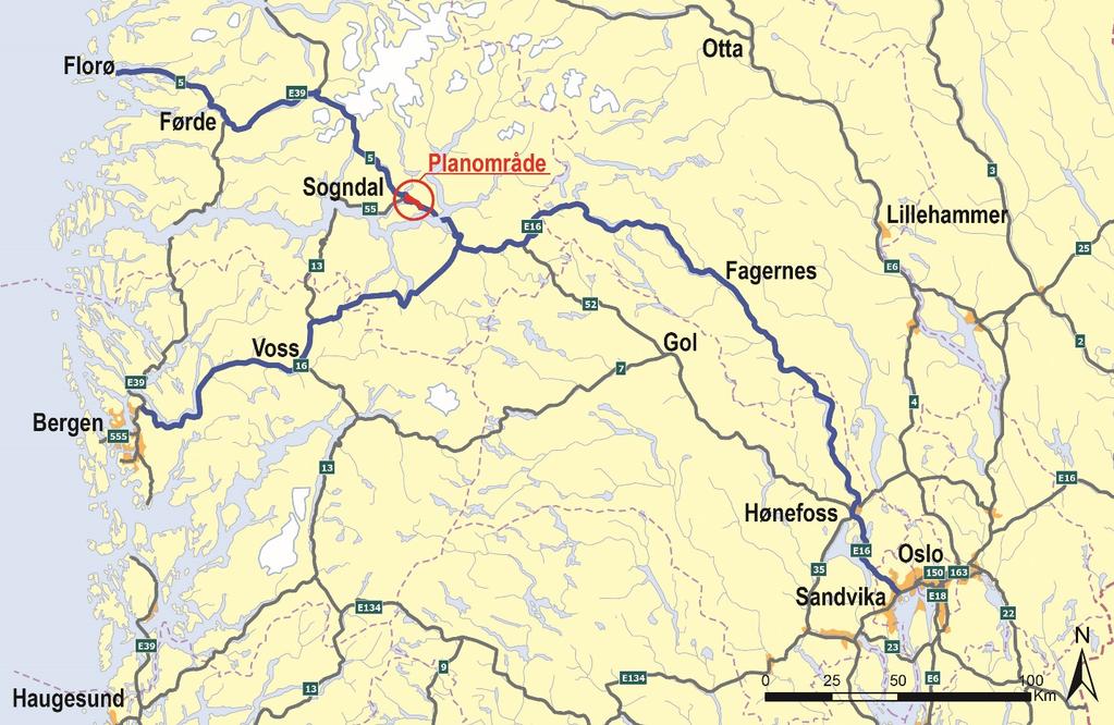 Rutevis riksvegutgreiing Figur 9 Oversiktskart som viser rute 5c frå Sandvika til Bergen med arm til Florø og planområdet si plassering Det vart i 2015 utarbeidd ei rutevis riksvegutgreiing for rute