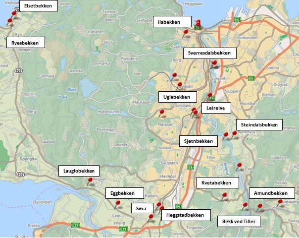 Alle vassdrag i denne undersøkelsen er bekker og mindre elver tilhørende Trondheim kommune. I 2011 ble det tatt bunndyrprøver i 24 bekker (til sammen 35 stasjoner).