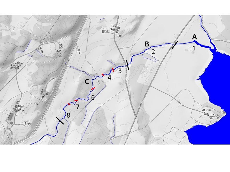 Åsabekken I Åsabekken ble det kun foretatt habitat- og problemkartlegging. Figur 9. Kart som viser delstrekninger for Åsabekken. Åsabekken er i nedre del preget av gjentatte fysiske hindringer.