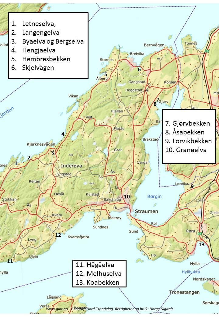 Undersøkte vassdrag Totalt 13 vassdrag ble undersøkt i 2017 (fig 1).