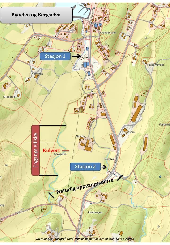 Byaelva og Bergselva Figur 3. Kart over Byaelva og Bergselva. Stasjon 1- Byaelva Habitatkvaliteten på stasjon 1 vurderes som egnet, med moderate gytemuligheter og noe skjul til stede.