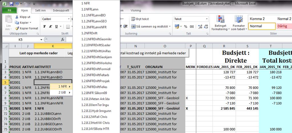 (Ubrukte linjer kan ligge ubehandlet eller slettes) - - Prosjektnummer fylles automatisk ut, hopp over feltet Aktivitet1 (toppaktivitet) og dobbeltklikk i feltet Aktivitet.