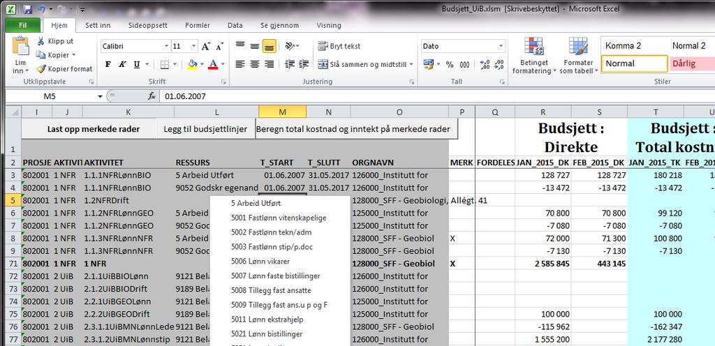 For å budsjettere lønn på person, skriv etternavn + Tab i kolonnen og man kan velge aktuell art eller gruppe av arter knyttet til person. F.eks.