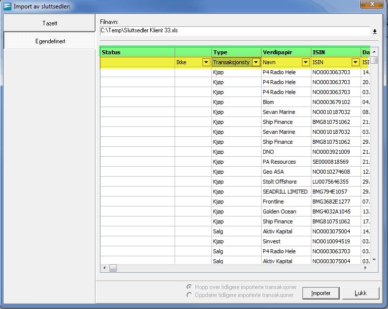 Side 103 Kap. 11 Import av data til andre programmer 11.3 Import av sluttsedler fra Excel Egendefinert eksport kan enten være fra Excel eller fra en tabulatordelt tekstfil.