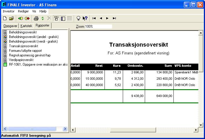 Side 139 Kap. 15 Rapporter 15.4 Rapport - Transaksjonsoversikt Denne rapporten viser en oversikt over alle transaksjoner (kjøp og salg).