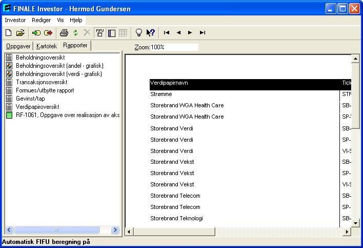 Side 146 Kap. 15 Rapporter 15.8 Rapport - Verdipapiroversikt Denne rapporten viser alle verdipapirer som finnes i verdipapirkartoteket.