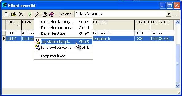 Side 53 Kap. 7 Håndtering av investorer (klienter) 7.1.5 Lag sikkerhetskopi Klientoversikten aktiverer du fra hovedverktøylinjen med verktøyknappen Åpne eller fra menyen Investor > Åpne.