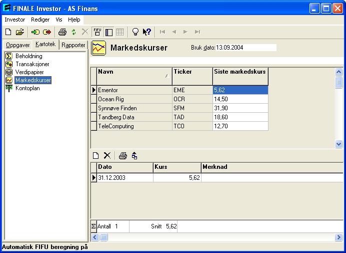 Side 90 Kap. 10 De forskjellige kartotekene 10.4 Markedskurs-kartoteket Dette kartoteket er privat for denne investoren.