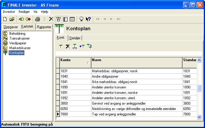 Side 92 Kap. 10 De forskjellige kartotekene 10.5 Kontoplan Dette kartoteket er privat for denne investoren. Hvis investoren er et selskap, finnes mulighet for henvisninger mot en kontoplan.
