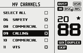 7 Mine kanaler Du får tilgang til MY CHANNELS-skjermvinduet (Mine kanaler) ved å holde inne kanalhjulet. Dette vinduet gir en snarvei til ofte brukte kanaler.