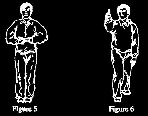 31.3. Begge sider hilser hverandre 31.3.1. Kampdommeren hviler venstre hånd på høyre knyttneve foran kroppen for å signalisere til deltagerne om å hilse hverandre (fig. 5) 31.4.